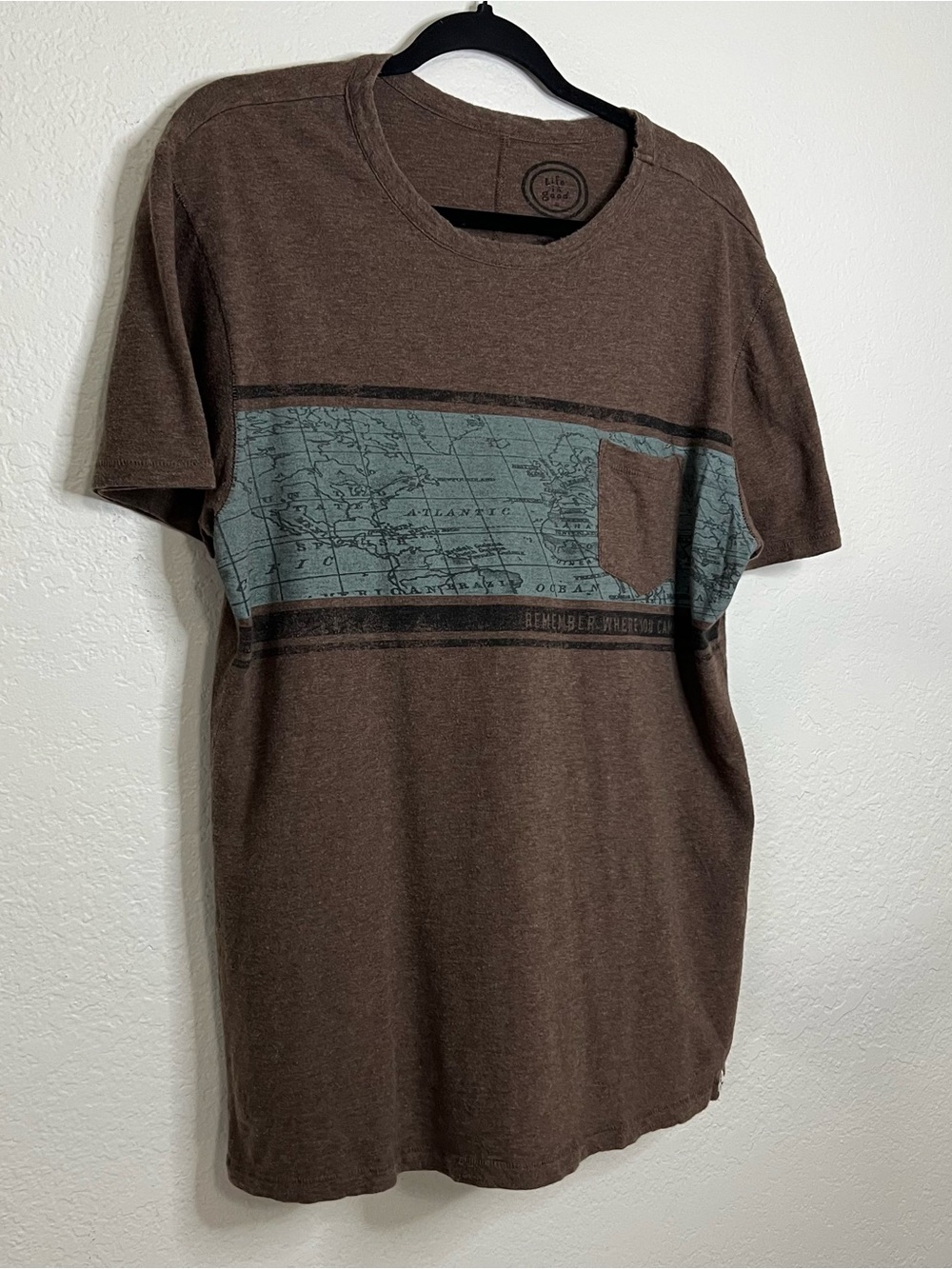 Life Is Good Brown T Shirt Remember Where You Came From World Map Men’s Medium - Picture 2 of 8